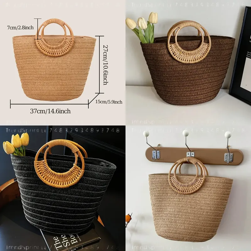 Tote Bag Beach - กระเป๋าถือสตรีสำหรับฤดูร้อน ทำจากกระดาษสาน ความจุขนาดใหญ่ สีพื้น พร้อมหูจับไม้ทรงกลม เหมาะสำหรับชายหาด