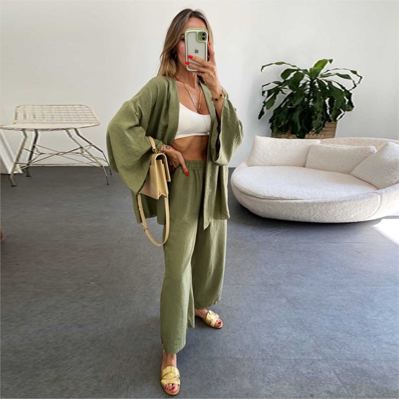 ชุดสูทกางเกงผ้าลินิน2ชิ้นสำหรั - Linen Pant Wide บทวิจารณ์และราคา