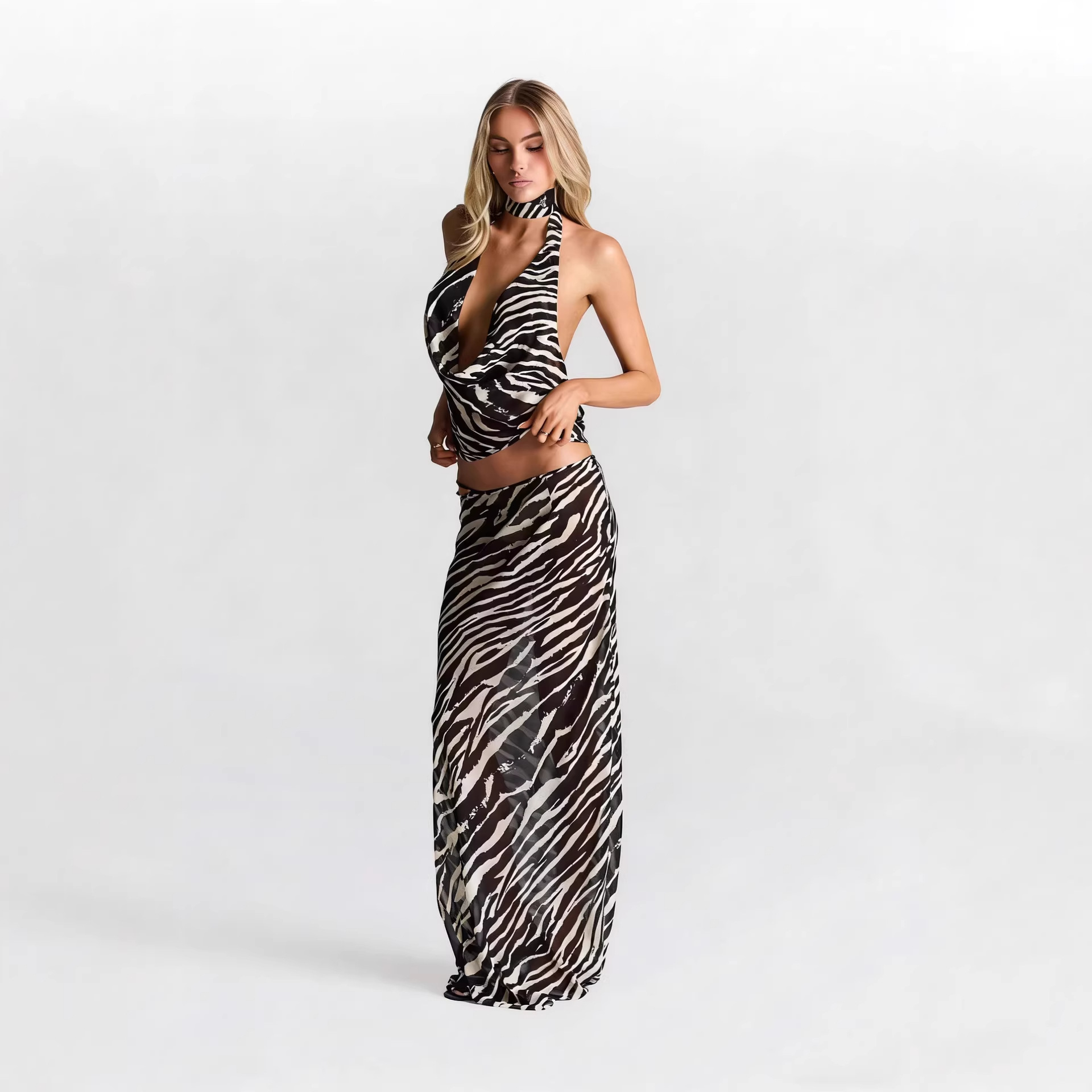 ชุดเซ็ต 2 ชิ้นลายม้าลายแบบผูกค - Maxi Dress Halter บทวิจารณ์และราคา