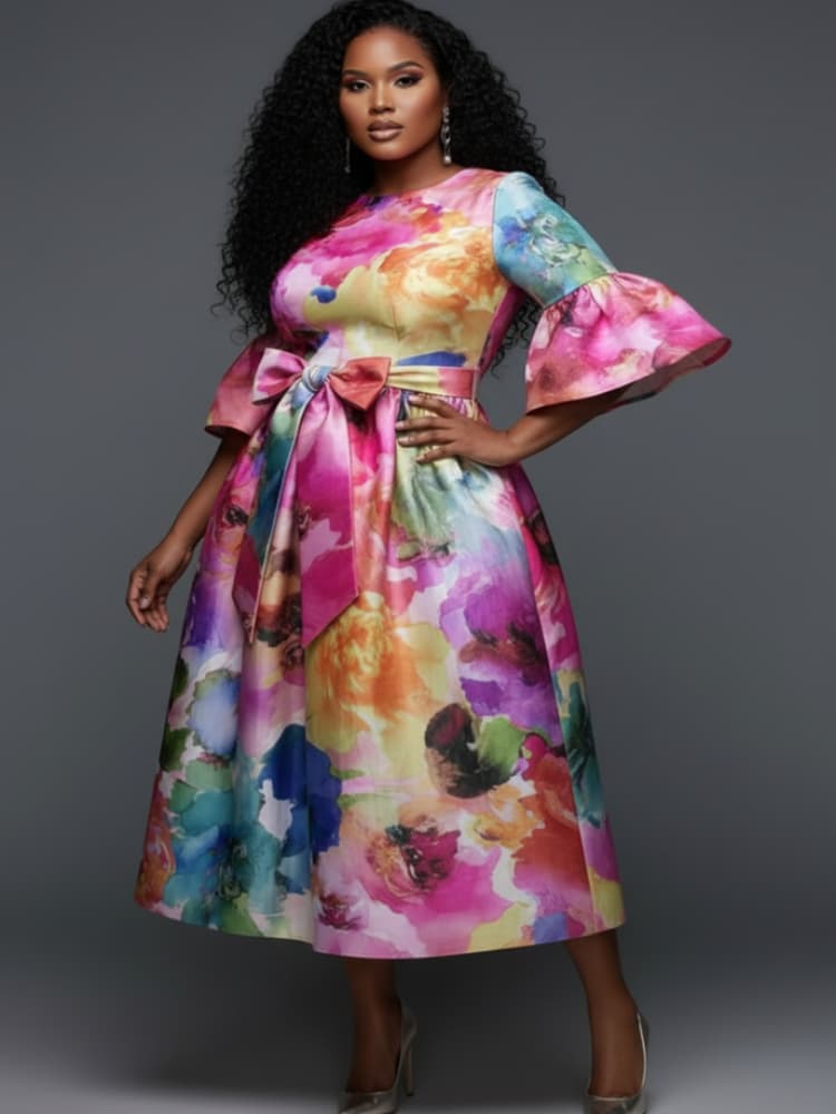 เดรสไซส์ใหญ่ คอทรงกลม แขนบาน ผ - Midi Skirt Floral บทวิจารณ์และราคา