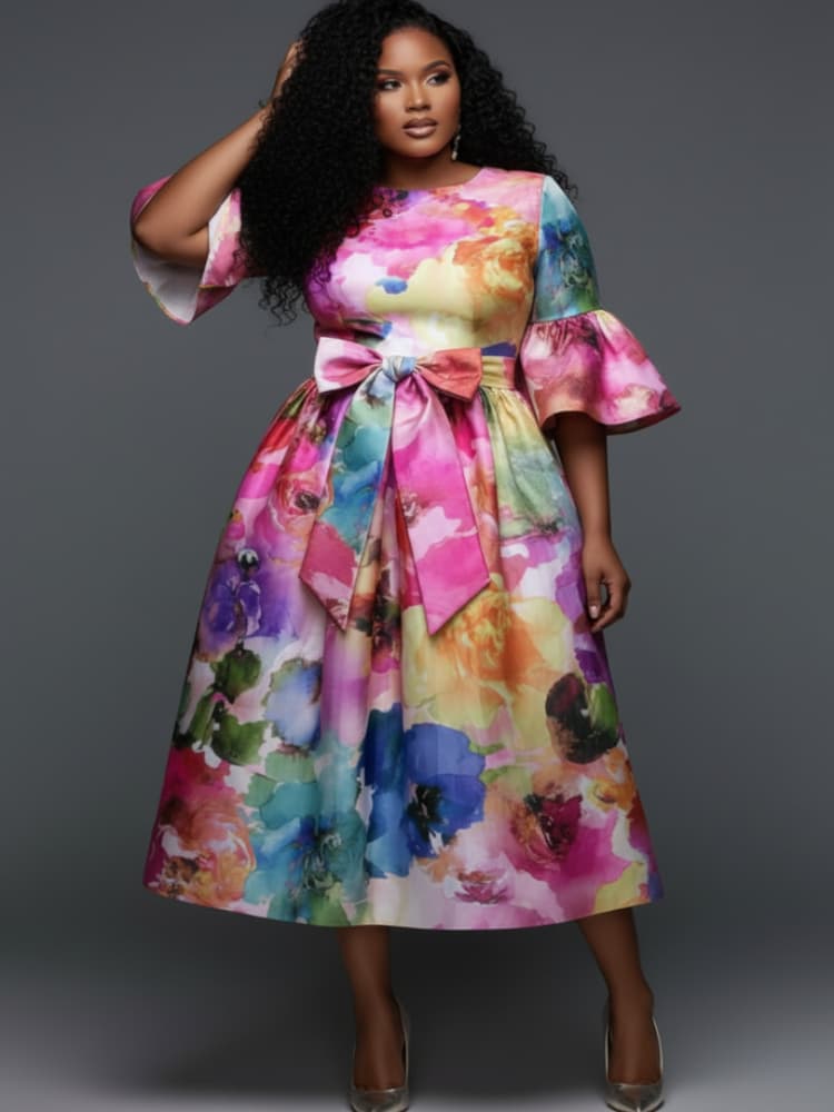 เดรสไซส์ใหญ่ คอทรงกลม แขนบาน ผ - Midi Skirt Floral บทวิจารณ์และราคา