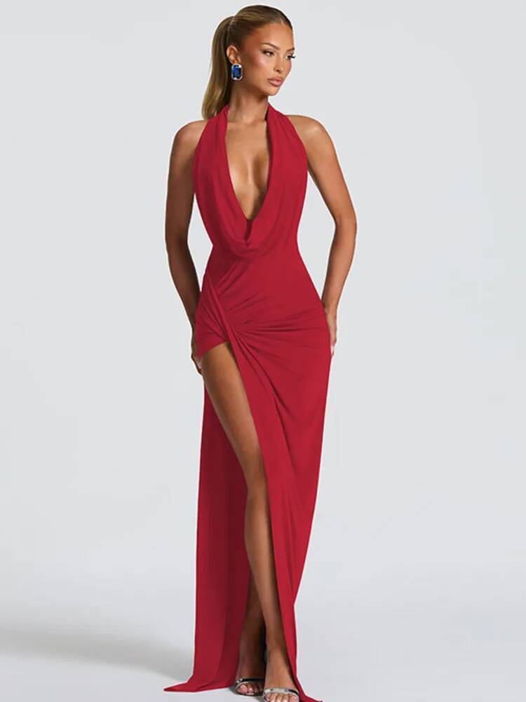 เดรสยาวเซ็กซี่แบบผ่าสูง คอวีลึ - Maxi Dress Halter บทวิจารณ์และราคา