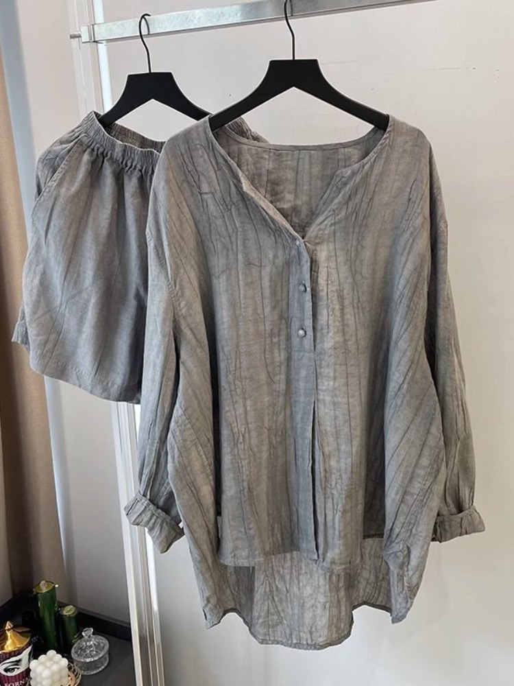 เสื้อเชิ้ตผ้าฝ้ายลินินสีเทาพับ - Linen Pant Wide บทวิจารณ์และราคา