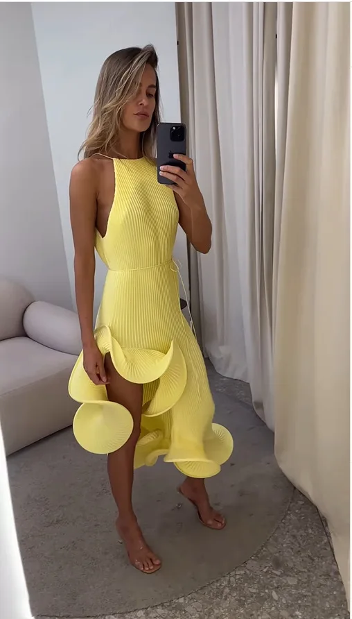 เดรสยาวผู้หญิงสีเหลืองแบบผูกคอ - Maxi Dress Halter บทวิจารณ์และราคา